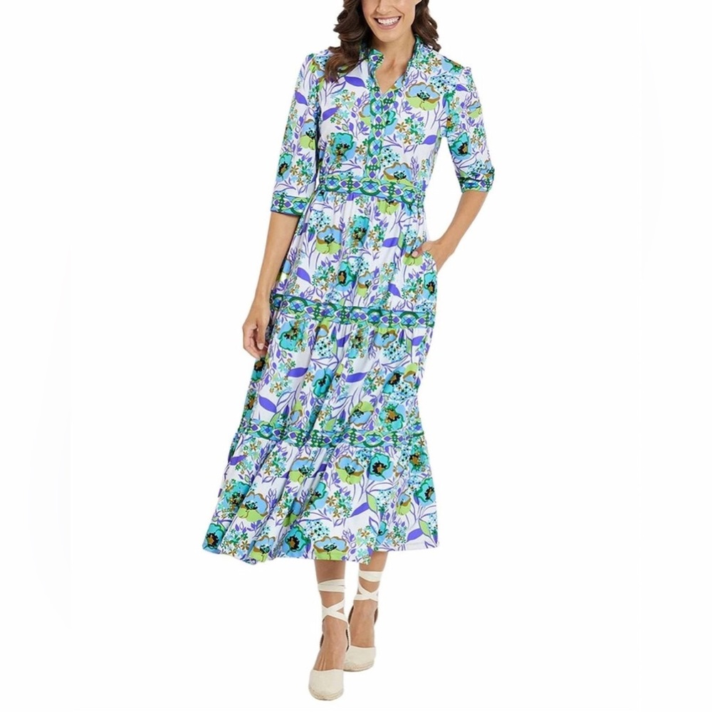 Jude Connally Candy Dress Floretta Floral White Print Stretch Knit Midi Resort